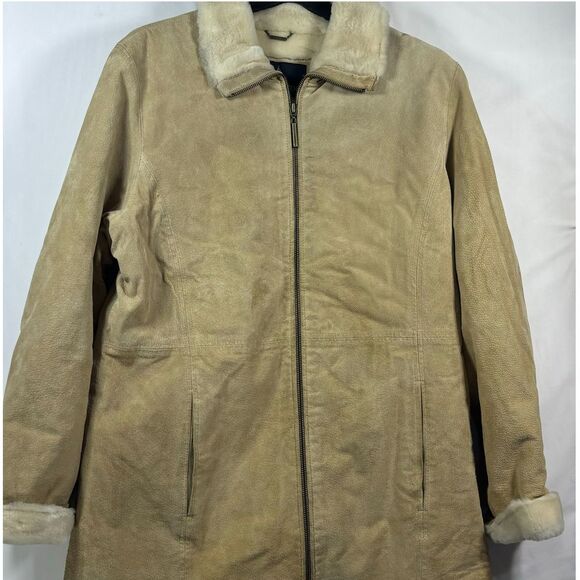London Fog Y2k Beige Faux Suede‎ Winter Coat with Sherpa Collar Womens Medium - Picture 1 of 7